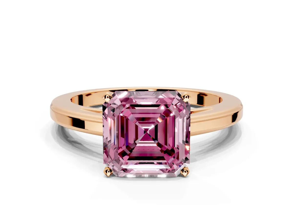 Solitaire Engagement Ring Setting for Fancy Pink Asscher Cut Center with Flat-Sided Plain Band and Prong Head in Rose Gold