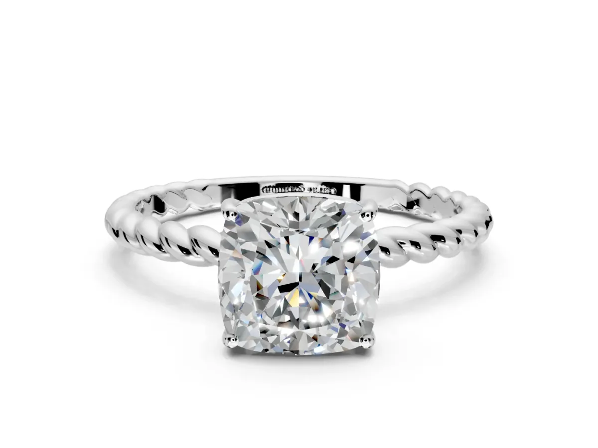 Solitaire Engagement Ring Setting for Cushion Cut Center with Plain Twisted Rope Band and Prong Head in White Gold