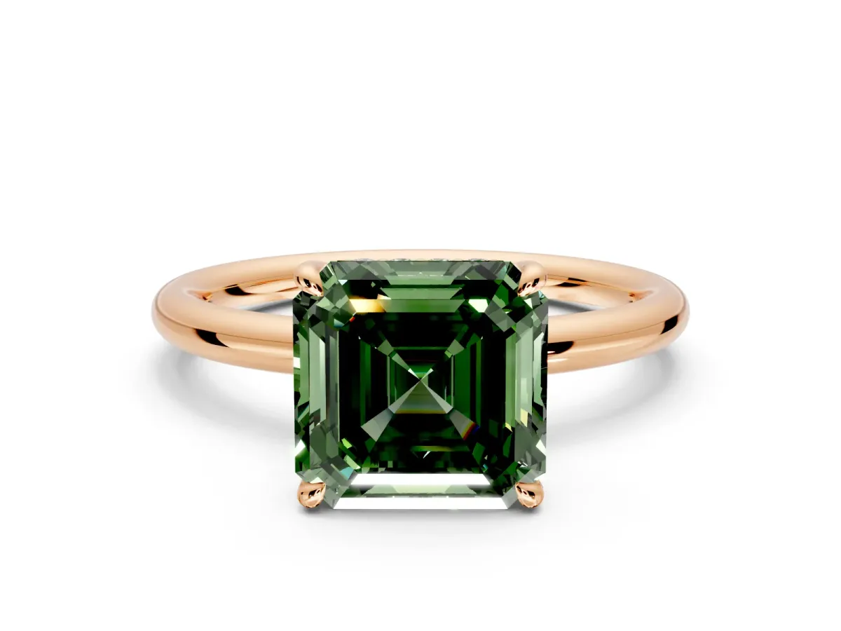 Hidden Halo Engagement Ring Setting for Fancy Green Asscher Cut Center with Thin Rounded Band and Prong Head in Rose Gold