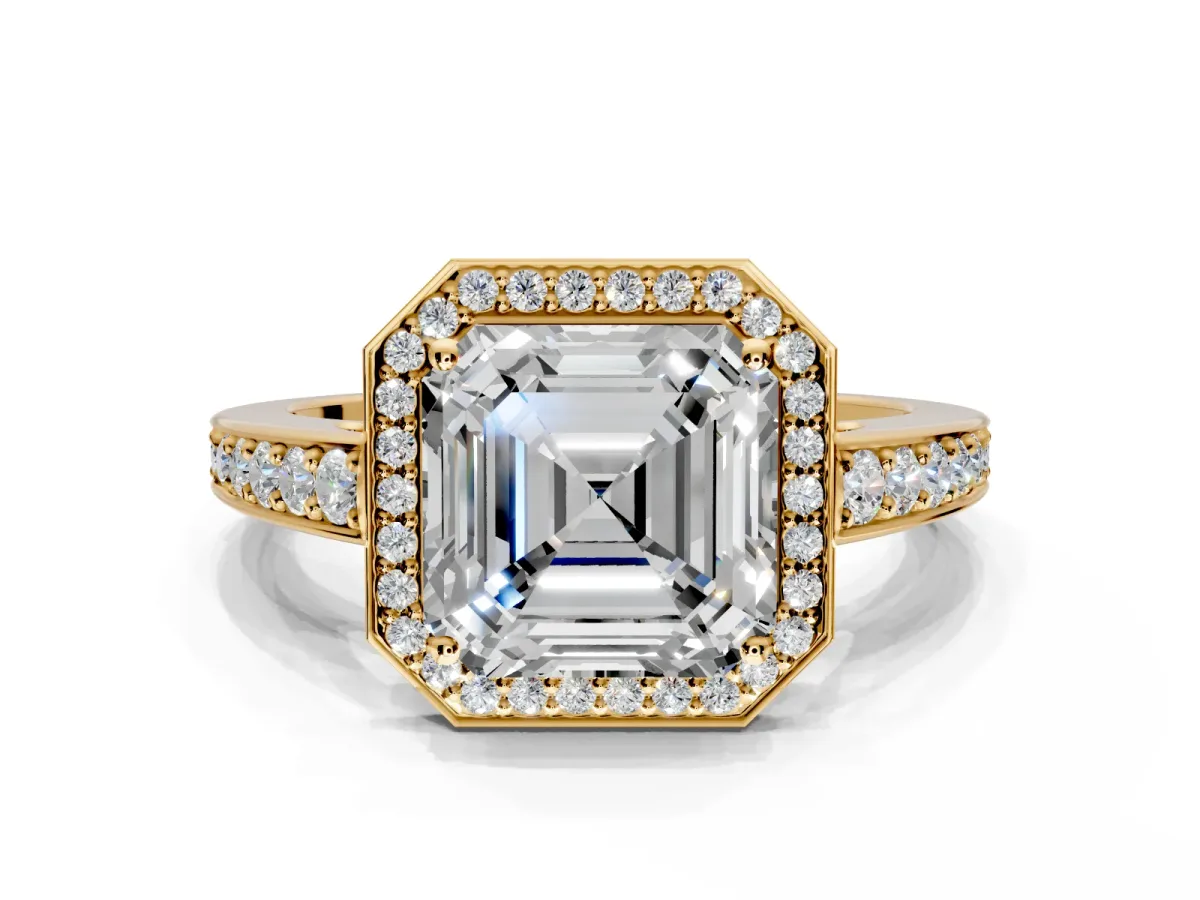 Bezel-Framed Halo Engagement Ring Setting for Asscher Cut Center with Pave Band and Prong Head in Yellow Gold