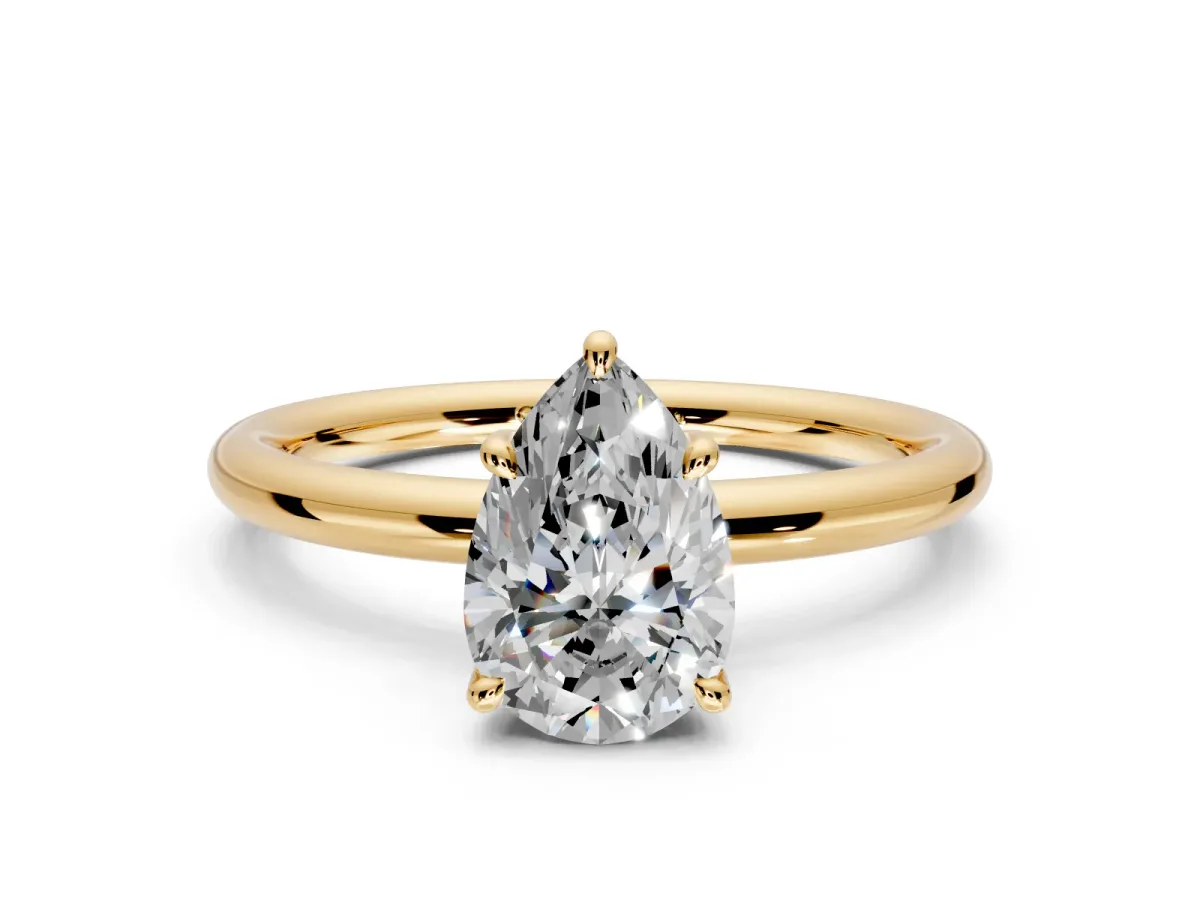 Hidden Halo Engagement Ring Setting for Pear-Shaped Center with Thin Rounded Band and Prong Head in Yellow Gold