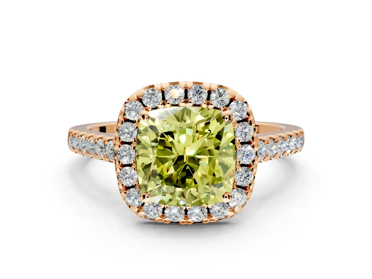 Halo Engagement Ring Setting for Fancy Yellow Cushion Cut Center with Raised Halo, Pave Band and Prong Head in Rose Gold