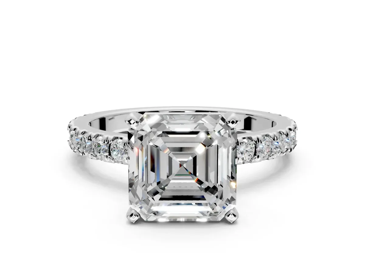 Solitaire Engagement Ring Setting for Asscher Cut Center with Fine Pave Band and Claw Prong Head in Platinum