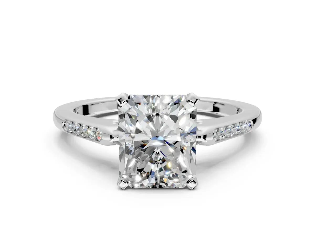 Solitaire Engagement Ring Setting for Radiant Cut Center with Channel Accents and Prong Head in Platinum