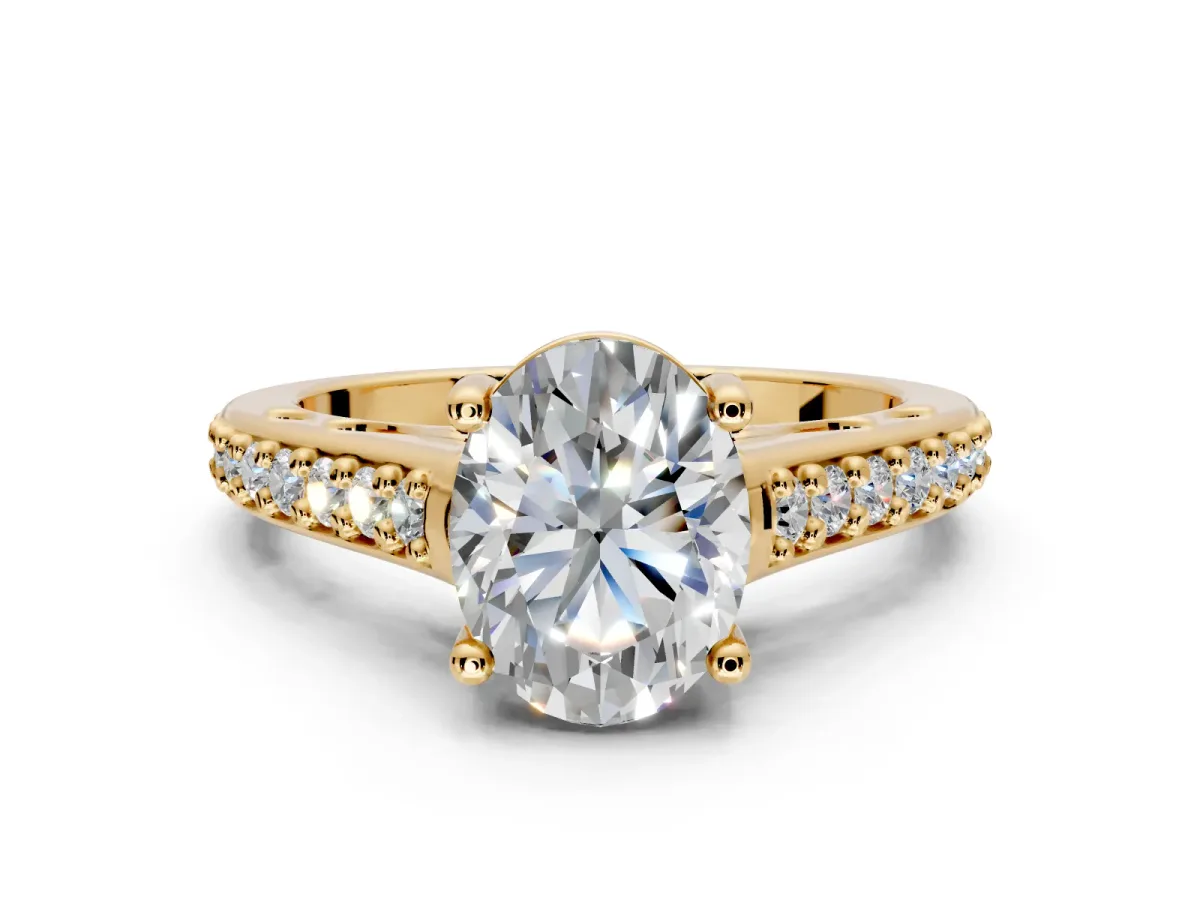 Solitaire Engagement Ring Setting for Oval Center with Pave Cathedral Band and Prong Head in Yellow Gold