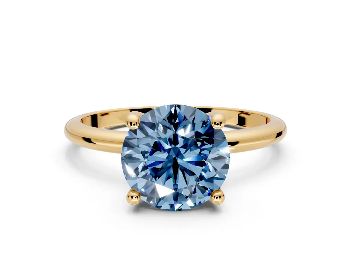Minimalist Solitaire Engagement Ring Setting for Fancy Blue Round Cut Center with Thin Band and Prong Head in Yellow Gold