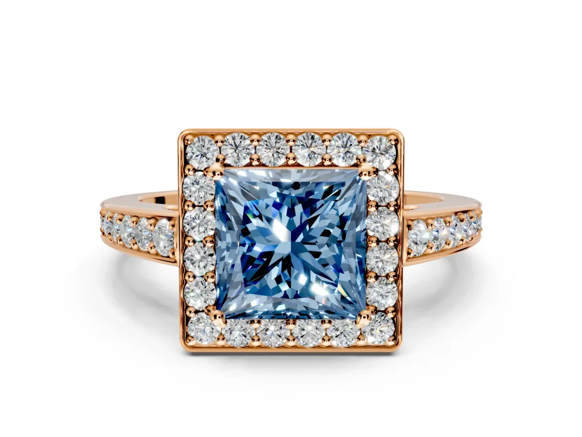 Bezel-Framed Halo Engagement Ring Setting for Fancy Blue Princess Cut Center with Pave Band and Prong Head in Rose Gold