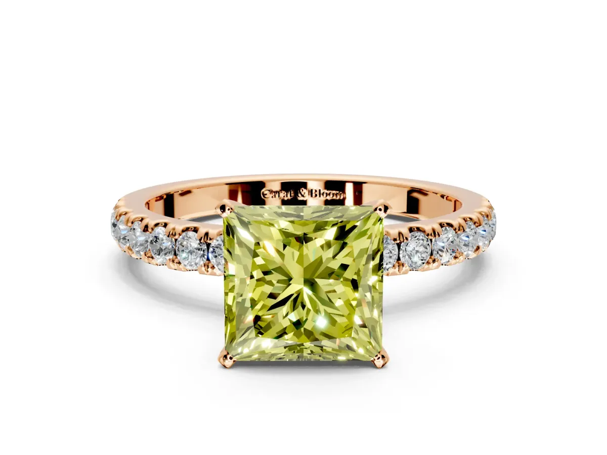Open Basket Engagement Ring Setting for Fancy Yellow Princess Cut Center with Pave Band and Prong Head in Rose Gold