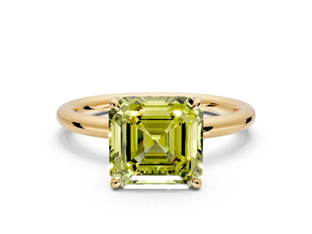 Hidden Halo Engagement Ring Setting for Fancy Yellow Asscher Cut Center with Thin Rounded Band and Prong Head in Yellow Gold