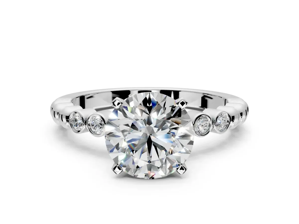 Solitaire Engagement Ring Setting for Round Cut Center with Bezel-Dot Beaded Band and Prong Head in White Gold