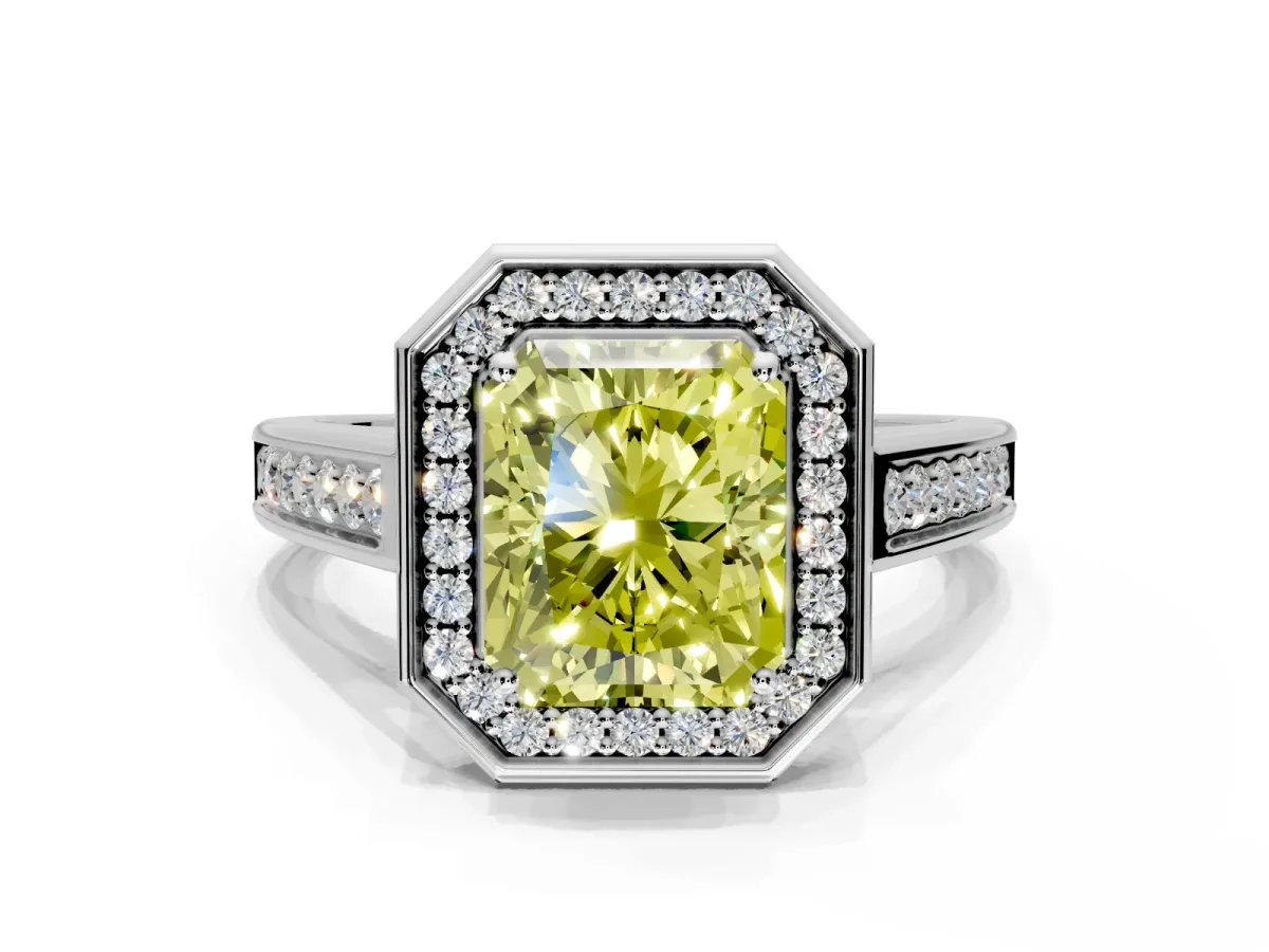 Halo Engagement Ring Setting for Fancy Yellow Emerald Cut Center with Outer Bezel Rim, Pave Band and Prong Head in Sterling Silver