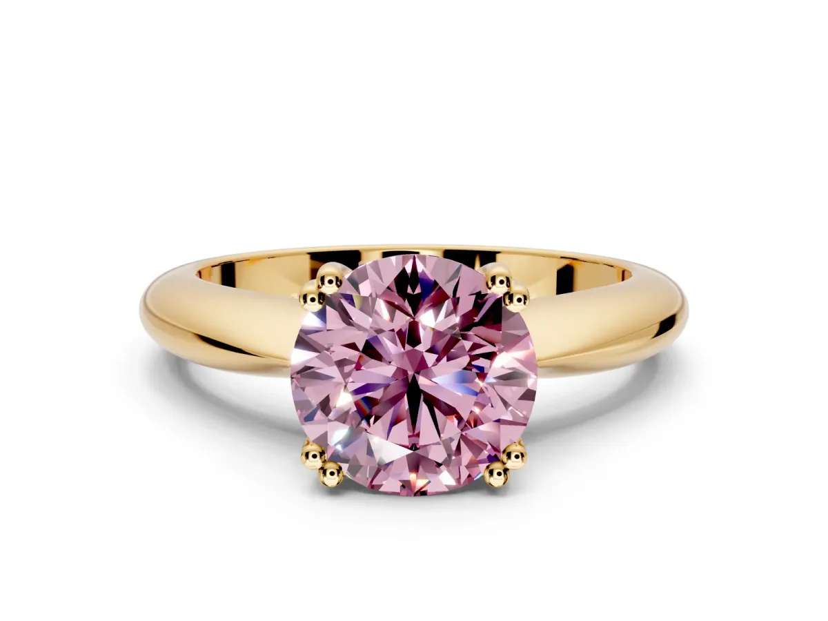 Solitaire Engagement Ring Setting for Fancy Pink Round Cut Center with Reverse Tapered Band and Prong Head in Yellow Gold