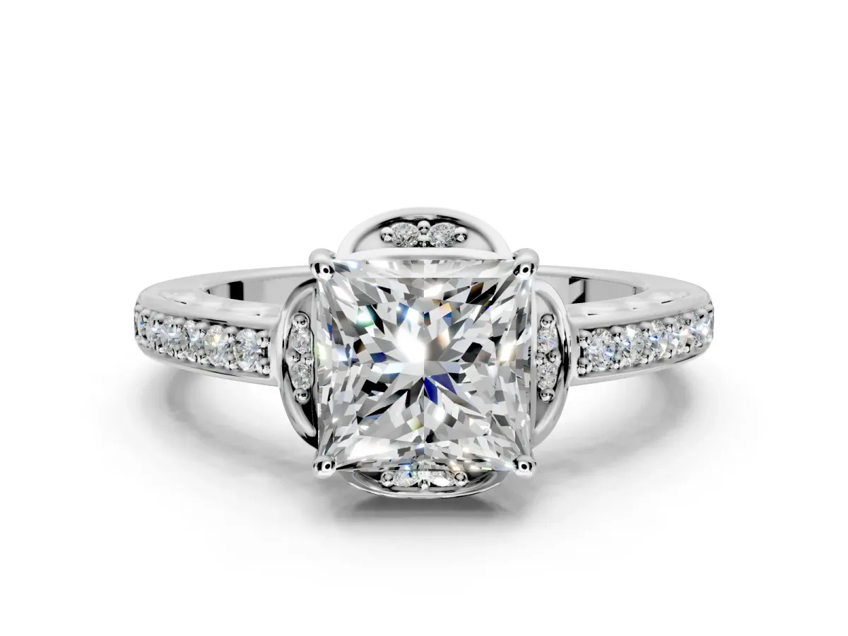 Floral Engagement Ring Setting for Princess Cut Center with Four Accent Clusters and Prong Head in Sterling Silver