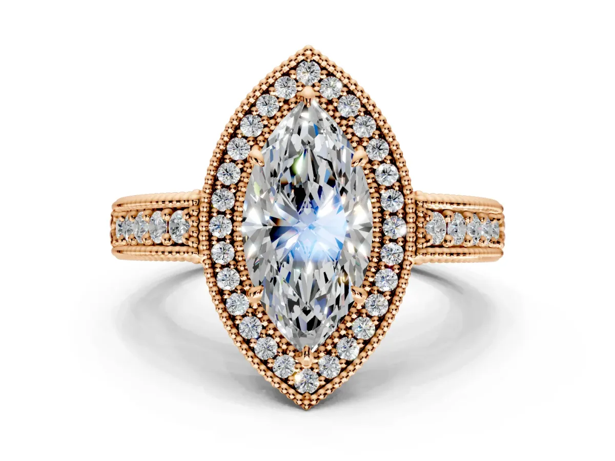 Milgrain Halo Engagement Ring Setting for Marquise Center with Pave Band and Prong Head in Rose Gold