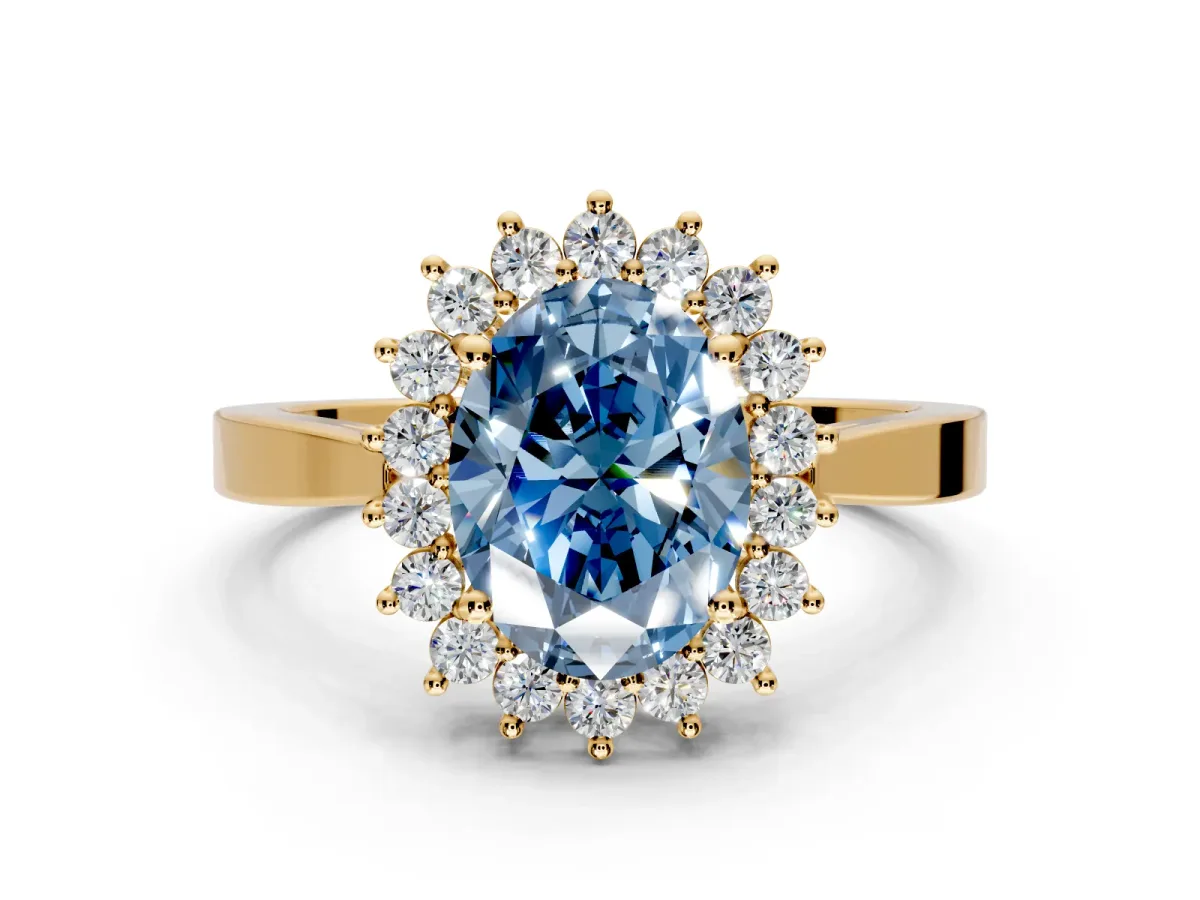Starburst Halo Engagement Ring Setting for Fancy Blue Oval Center with Flat Cathedral Band and Prong Head in Yellow Gold