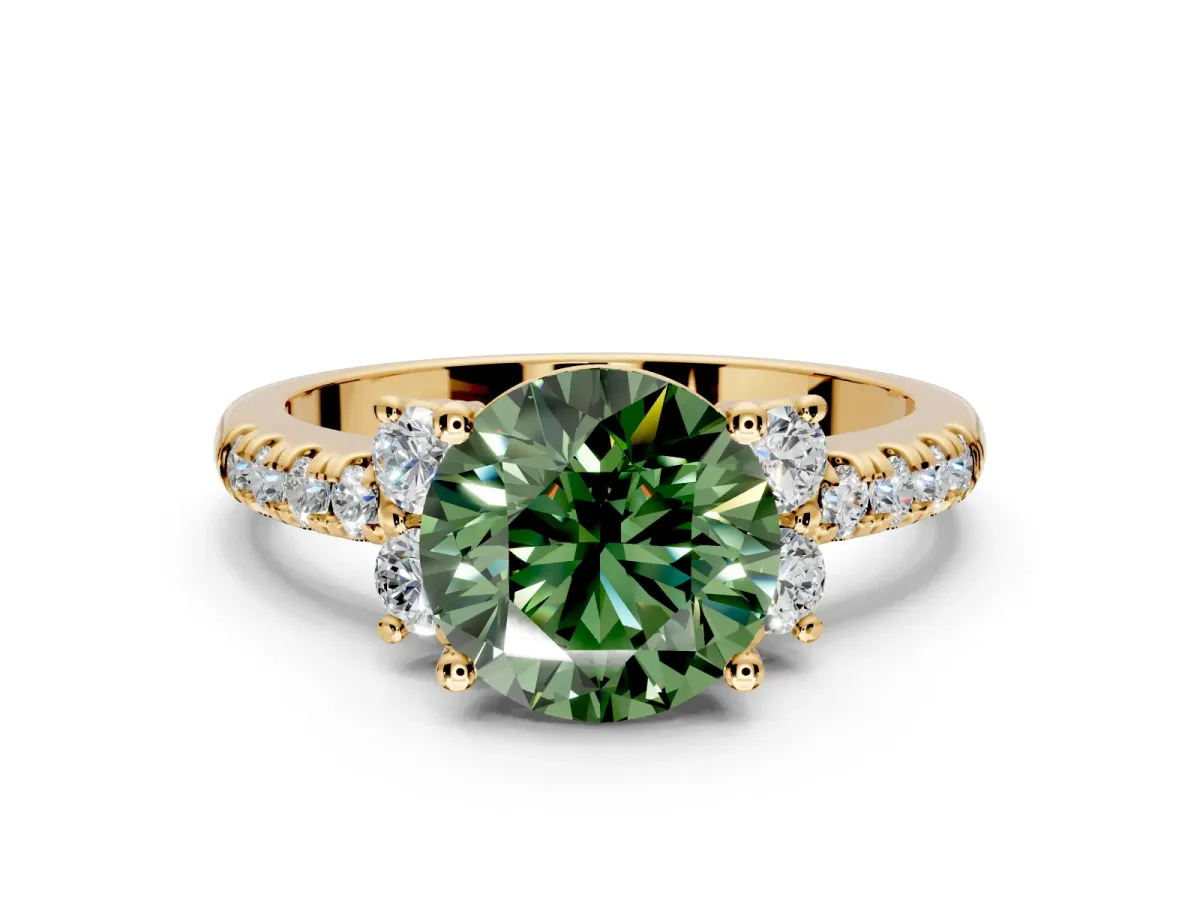 Paired Accent Engagement Ring Setting for Fancy Green Round Cut Center with Pave Band and Prong Head in Yellow Gold