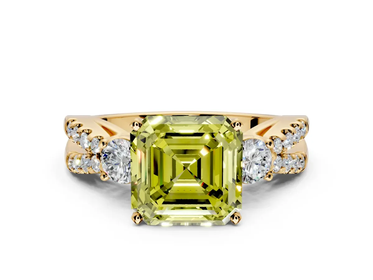 3 Stone Engagement Ring Setting for Fancy Yellow Asscher Cut Center with Pave Split Shank and Prong Head in Yellow Gold