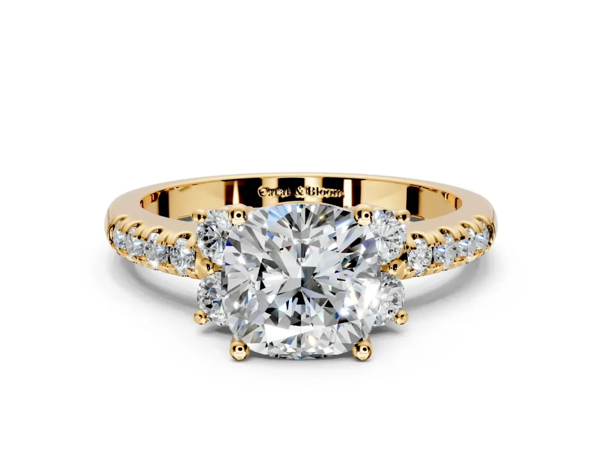 Paired Accent Engagement Ring Setting for Cushion Cut Center with Pave Band and Prong Head in Yellow Gold