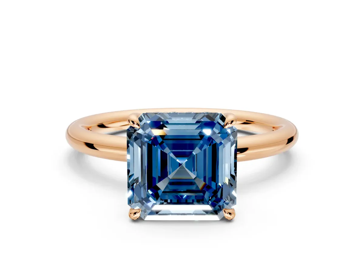 Hidden Halo Engagement Ring Setting for Fancy Blue Asscher Cut Center with Thin Rounded Band and Prong Head in Rose Gold