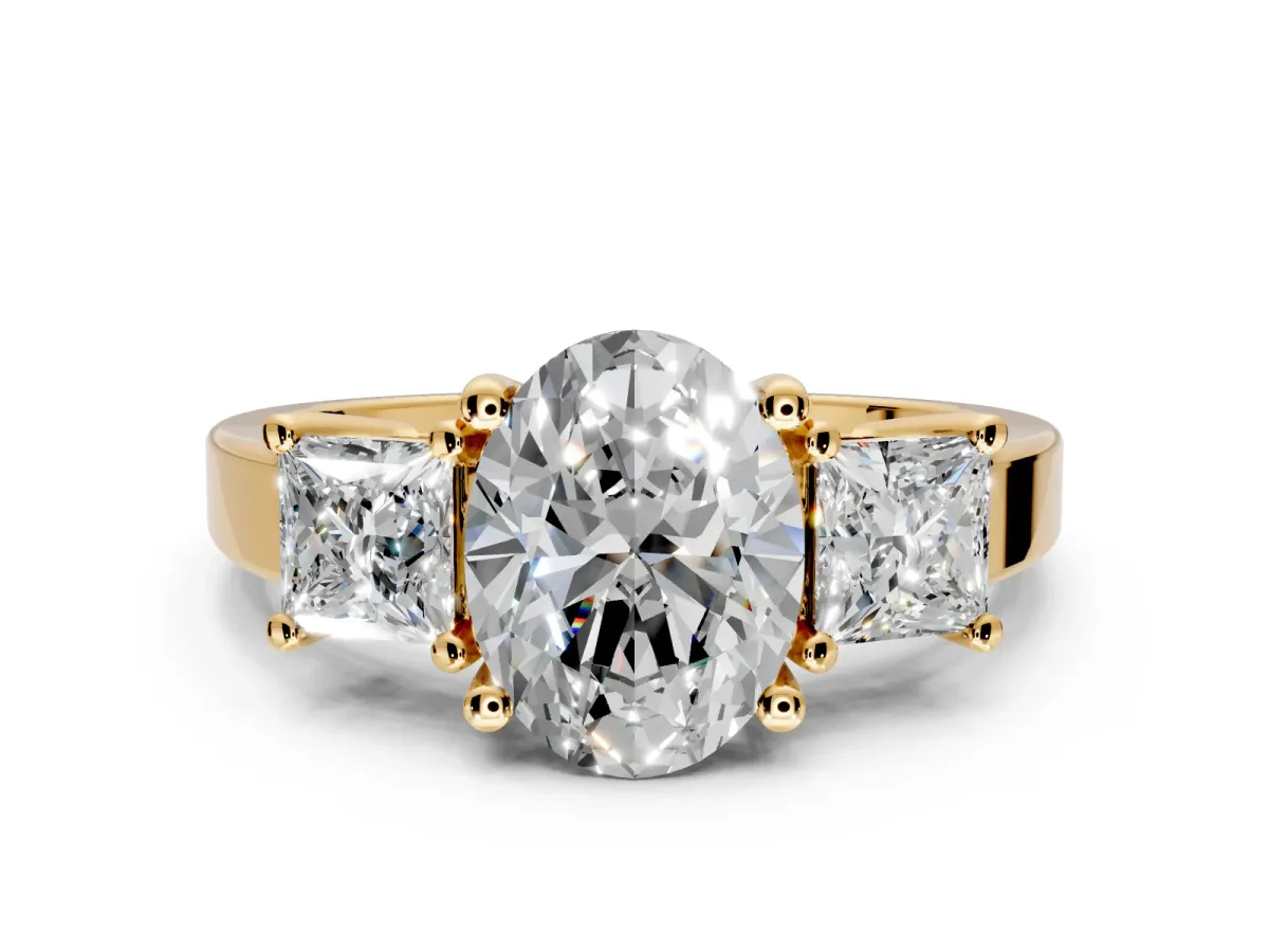 3 Stone Engagement Ring Setting for Oval Center with Matching Side Accents and Prong Head in Yellow Gold