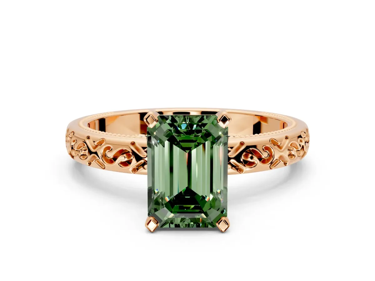 Solitaire Engagement Ring Setting for Fancy Green Emerald Cut Center with Scrollwork Band and Prong Head in Rose Gold