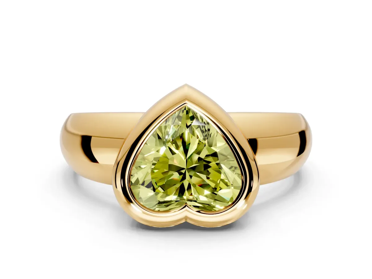 Solitaire Engagement Ring Setting for Fancy Yellow Heart-Shaped Center with Wide Band and Bezel Head in Yellow Gold