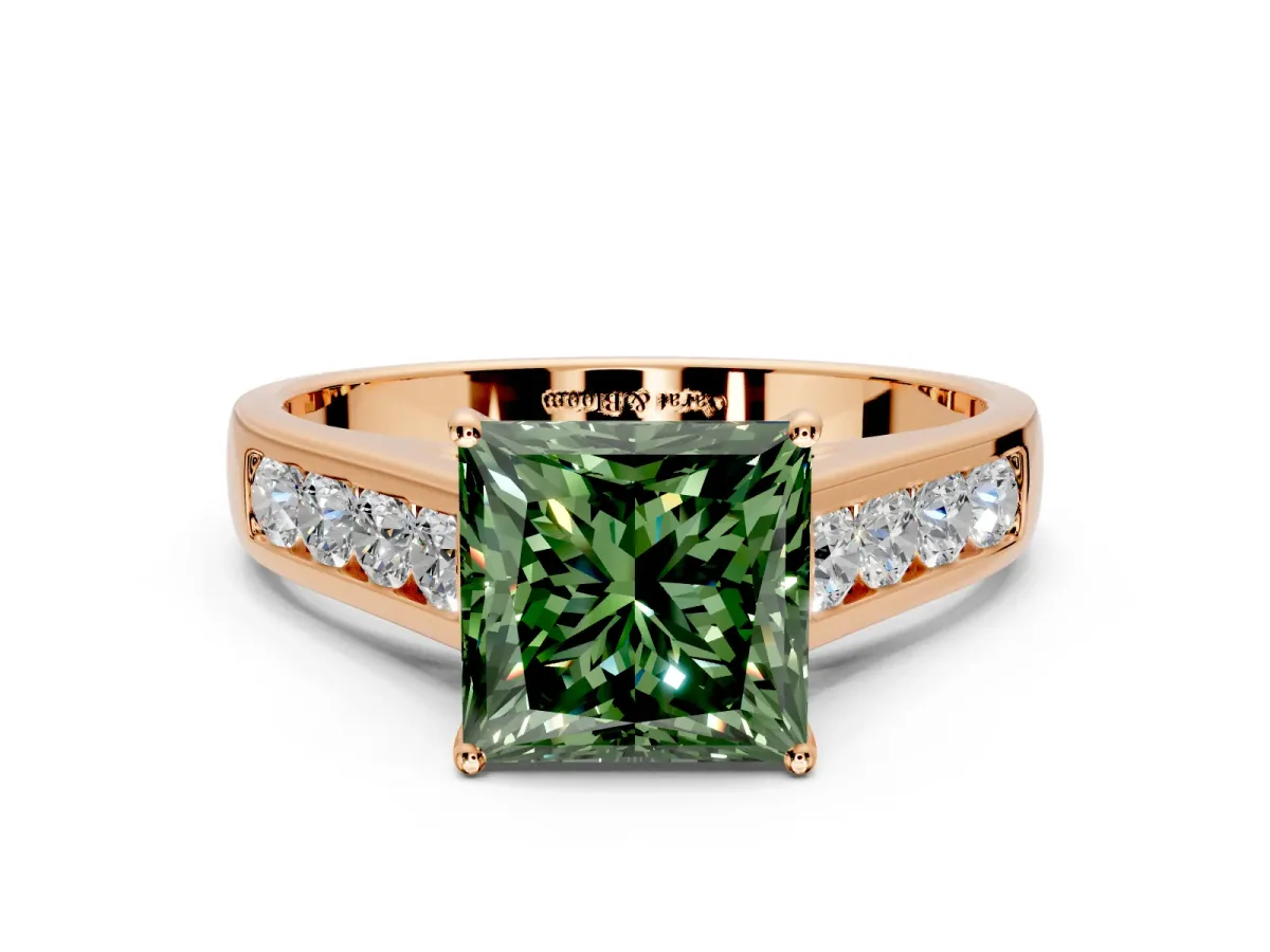 Solitaire Engagement Ring Setting for Fancy Green Princess Cut Center with Cathedral Channel Band and Prong Head in Rose Gold