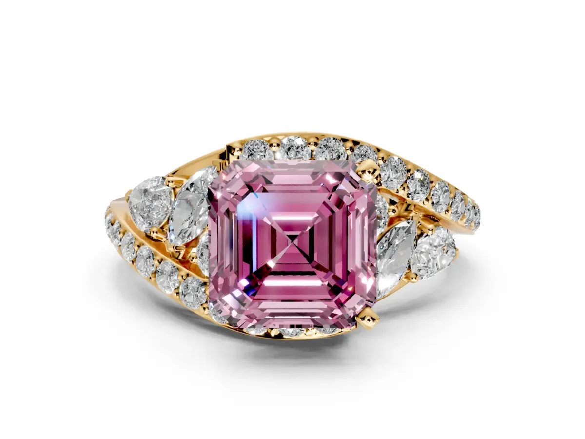Halo Engagement Ring Setting for Fancy Pink Asscher Cut Center with Marquise and Pave Bypass Band and Prong Head in Yellow Gold
