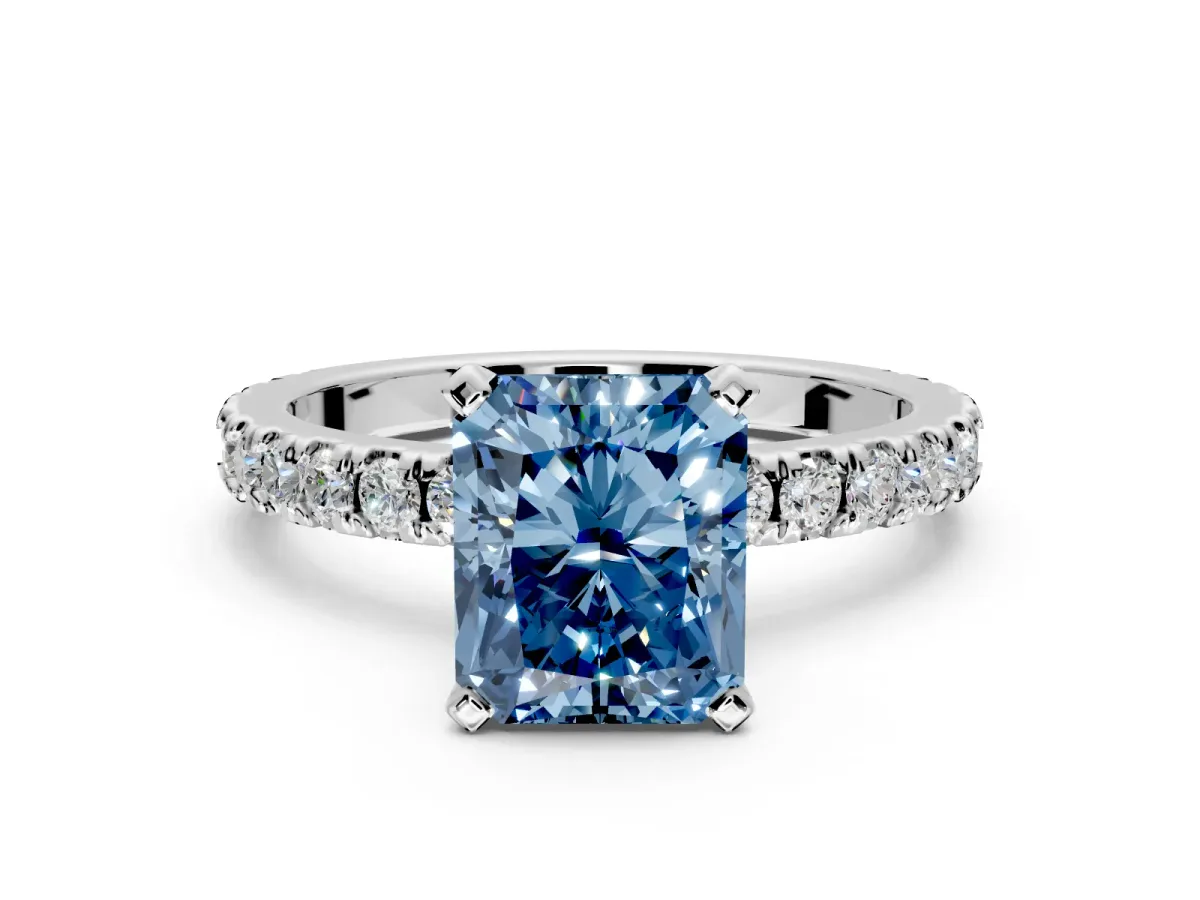 Solitaire Engagement Ring Setting for Fancy Blue Radiant Cut Center with Fine Pave Band and Claw Prong Head in Platinum