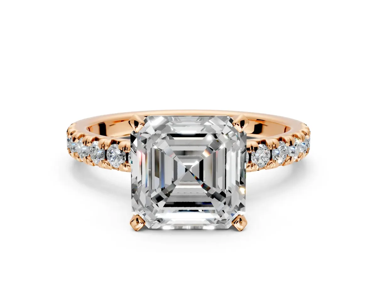 Solitaire Engagement Ring Setting for Asscher Cut Center with Large Accents and Prong Head in Rose Gold