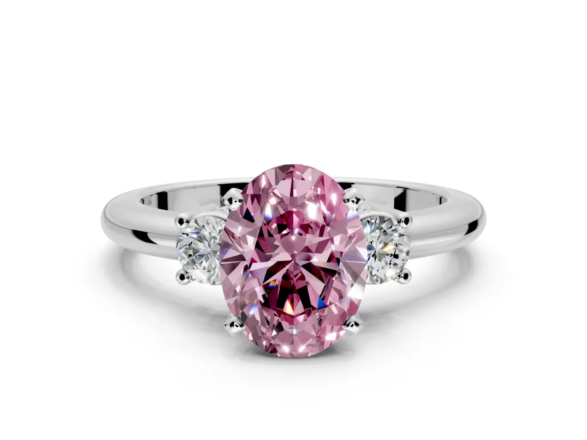 3 Stone Engagement Ring Setting for Fancy Pink Oval Center with Wide Plain Band and Prong Head in Platinum