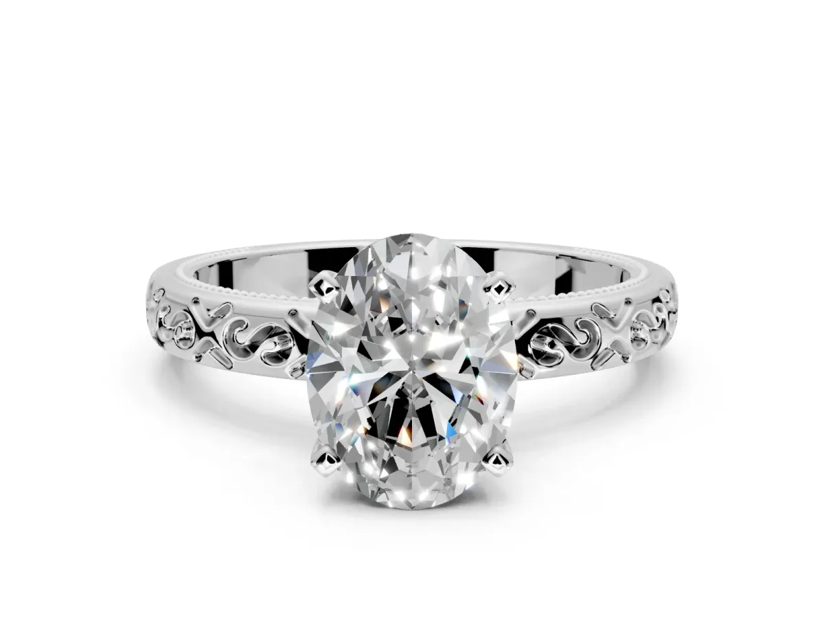 Solitaire Engagement Ring Setting for Oval Center with Scrollwork Band and Prong Head in Platinum