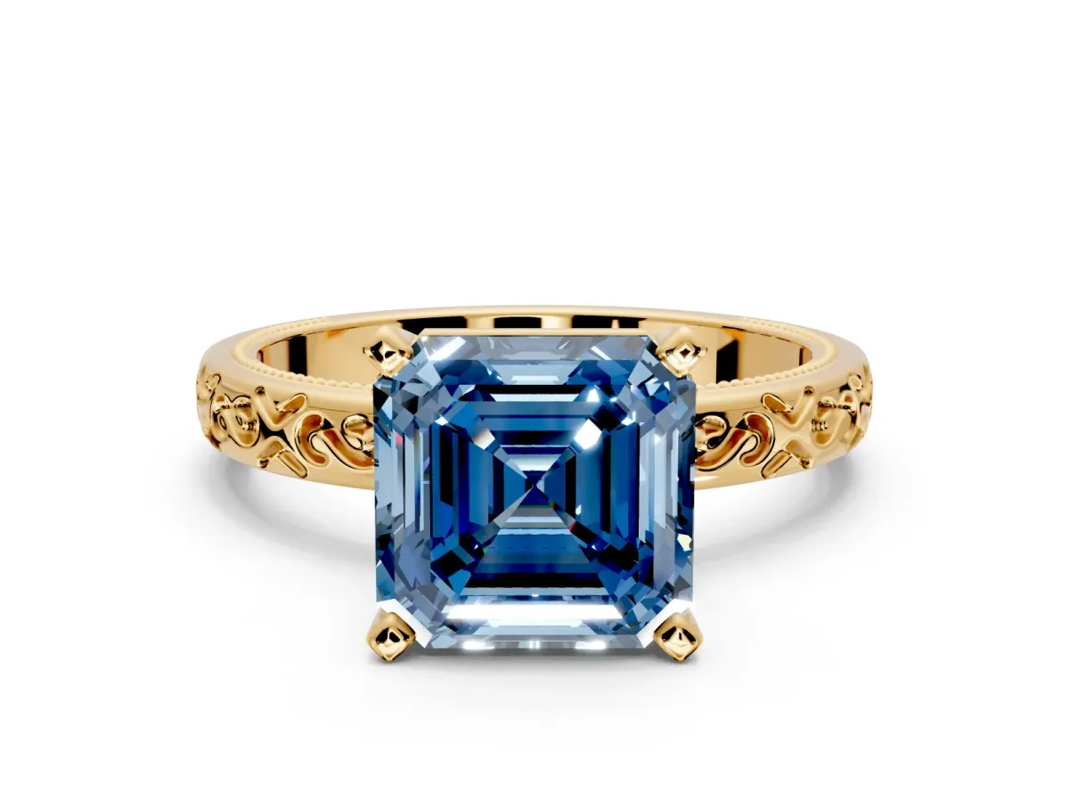 Solitaire Engagement Ring Setting for Fancy Blue Asscher Cut Center with Scrollwork Band and Prong Head in Yellow Gold