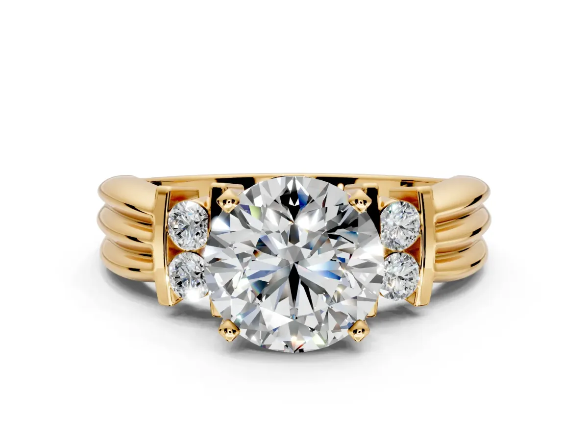 Solitaire Engagement Ring Setting for Round Cut Center with Grooved Bar Accent Band and Prong Head in Yellow Gold
