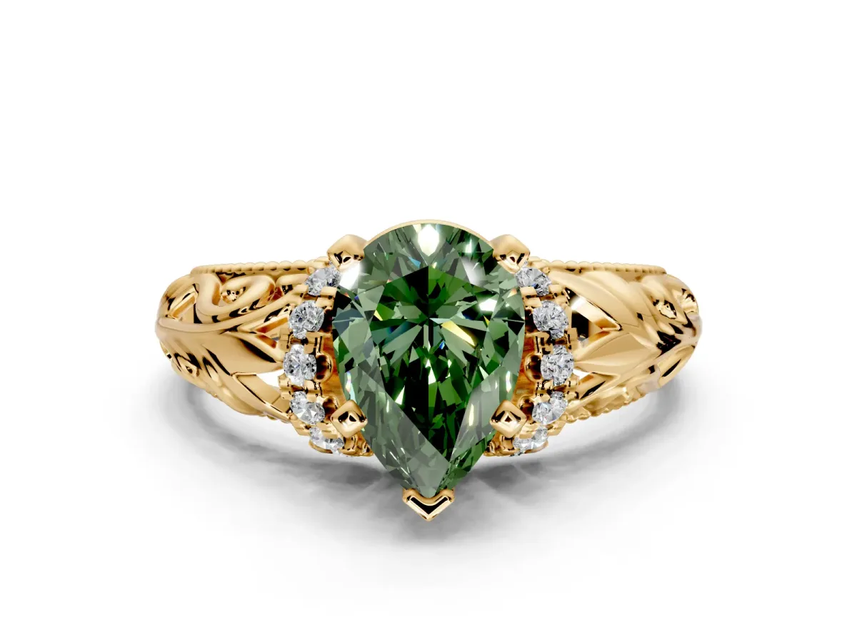 Solitaire Engagement Ring Setting for Fancy Green Pear-Shaped Center with Filigree Accent Basket and Prong Head in Yellow Gold
