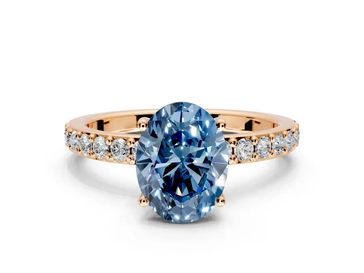 Solitaire Engagement Ring Setting for Fancy Blue Oval Center with Round Cut Pave Band and Prong Head in Rose Gold