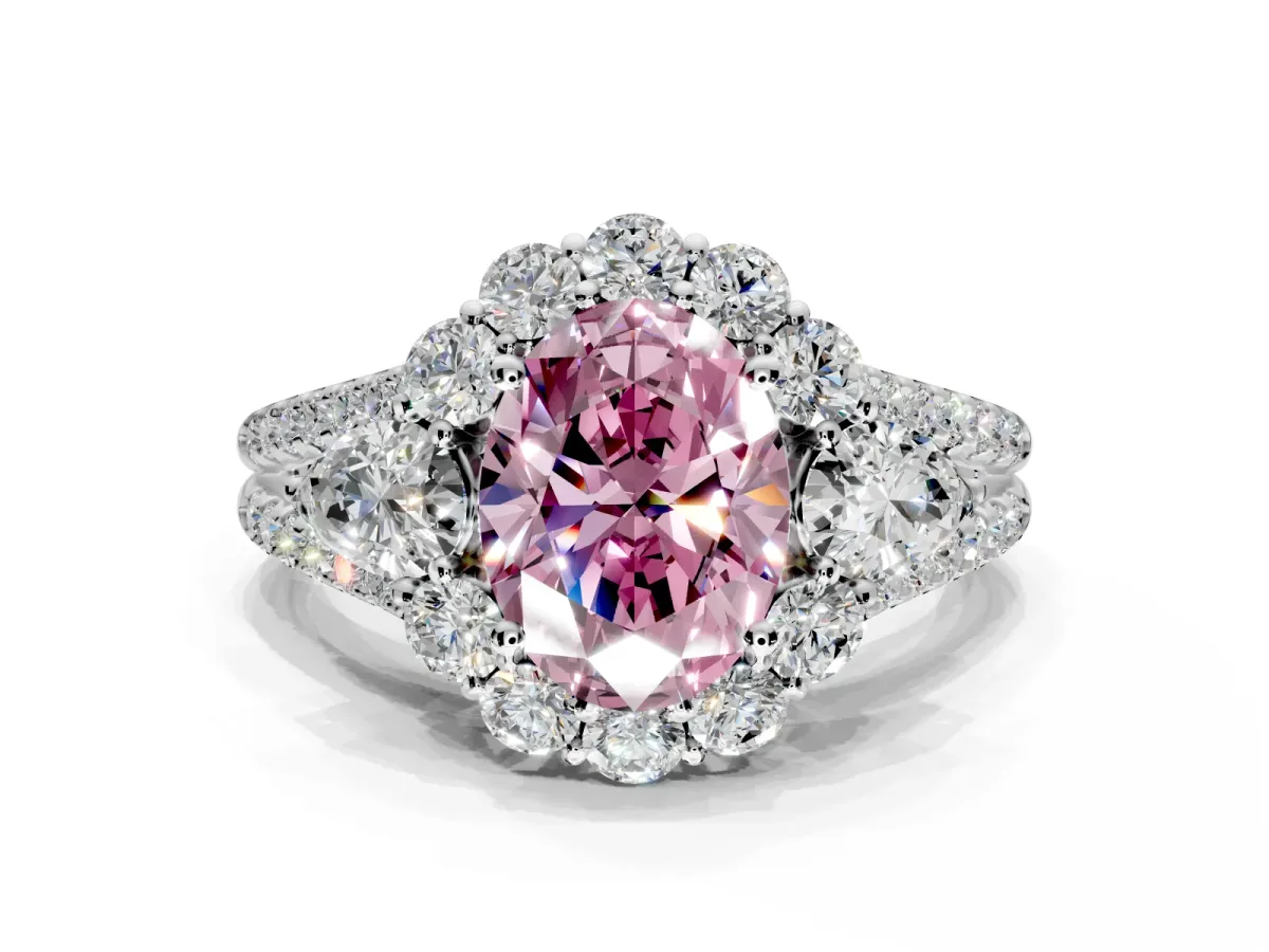 Halo Engagement Ring Setting for Fancy Pink Oval Center with Two-Strand Split Shank and Prong Head in Sterling Silver