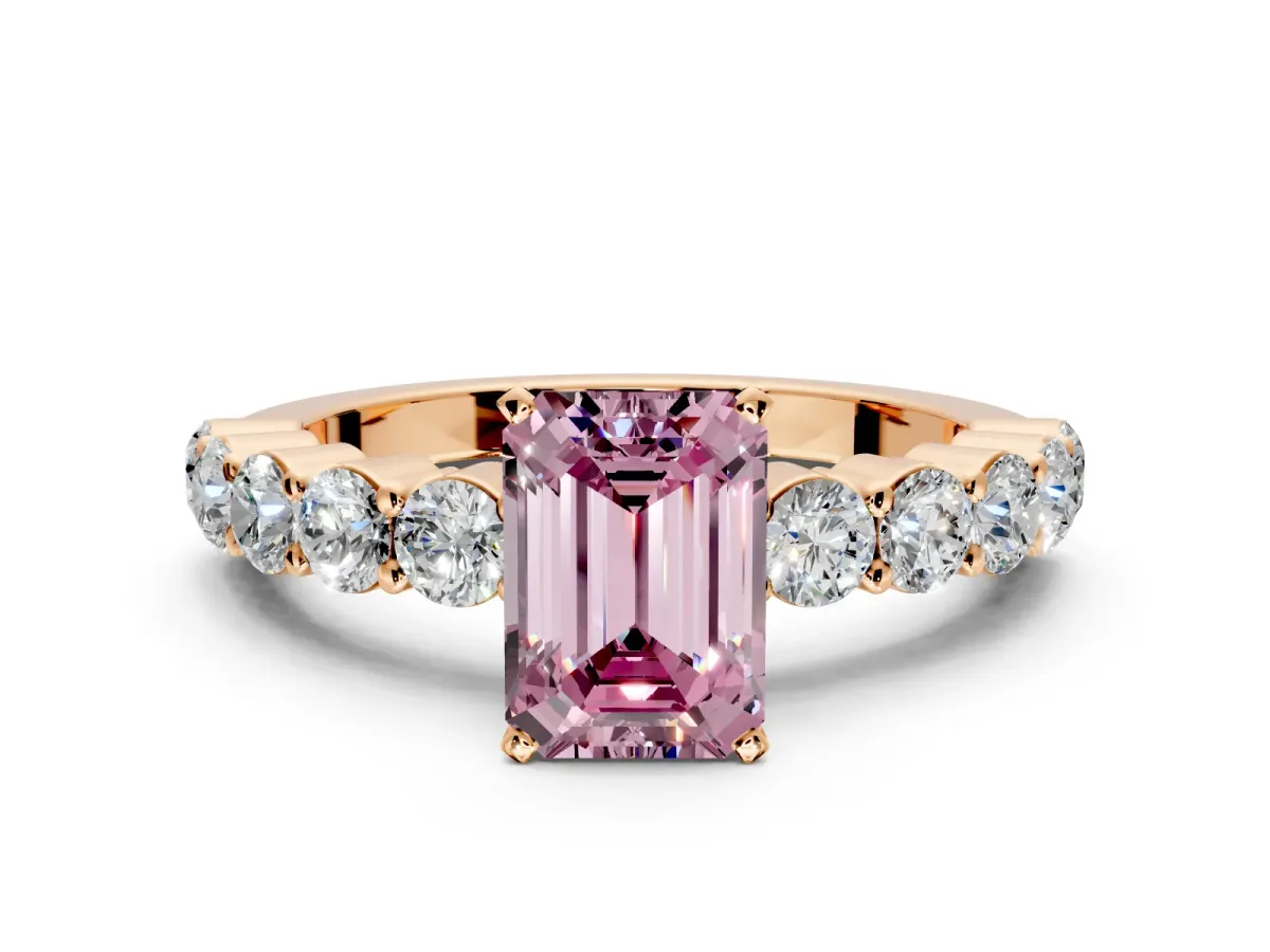 Shared-Prong Engagement Ring Setting for Fancy Pink Emerald Cut Center with Graduated Accents and Prong Head in Rose Gold