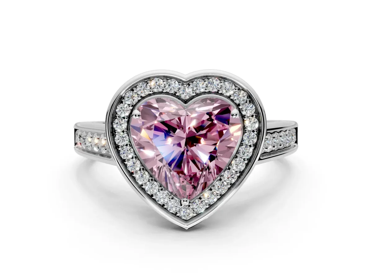 Halo Engagement Ring Setting for Fancy Pink Heart-Shaped Center with Outer Bezel Rim, Pave Band and Prong Head in Platinum