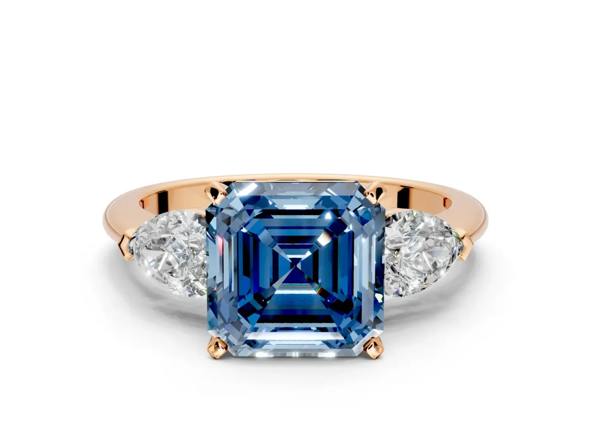 3 Stone Engagement Ring Setting for Fancy Blue Asscher Cut Center with Large Pear-Shaped Accents and Prong Head in Rose Gold