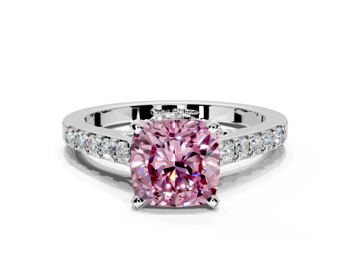 Solitaire Engagement Ring Setting for Fancy Pink Cushion Cut Center with Crossover Accents and Prong Head in Platinum
