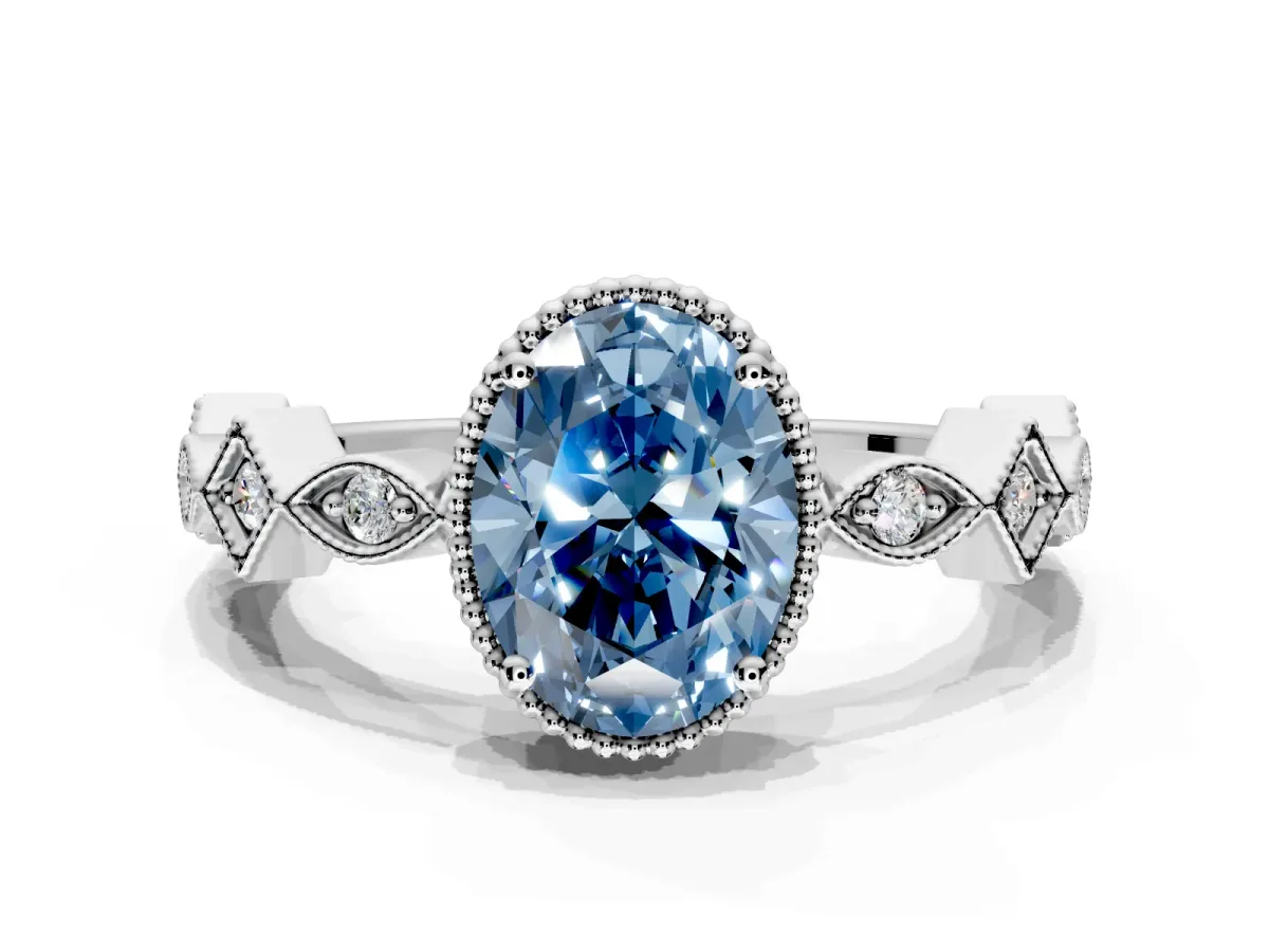 Milgrain Bezel Engagement Ring Setting for Fancy Blue Oval Center with Marquise Stations and Bezel Head in White Gold