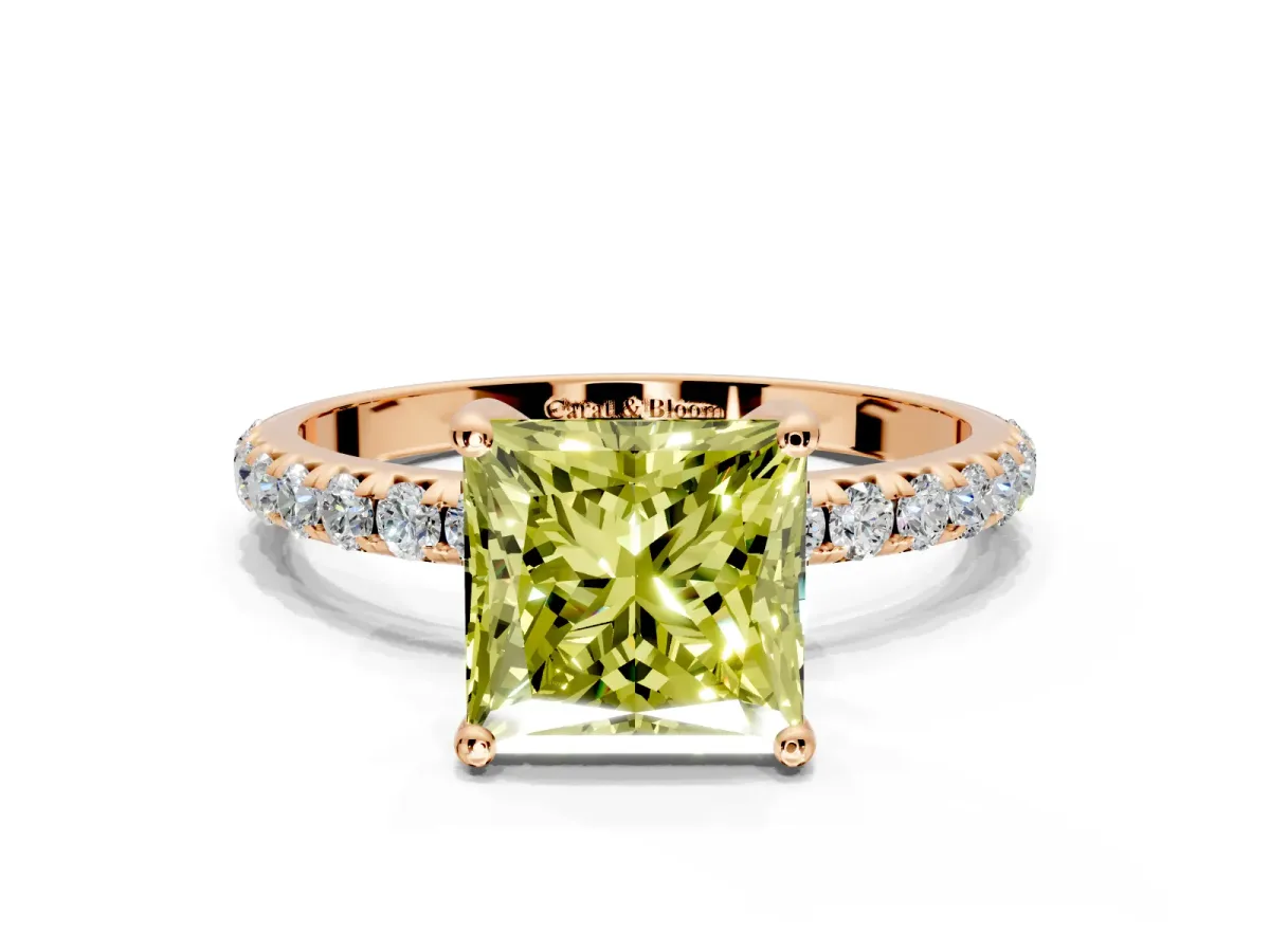 Solitaire Engagement Ring Setting for Fancy Yellow Princess Cut Center with Micro Pave Band and Prong Head in Rose Gold