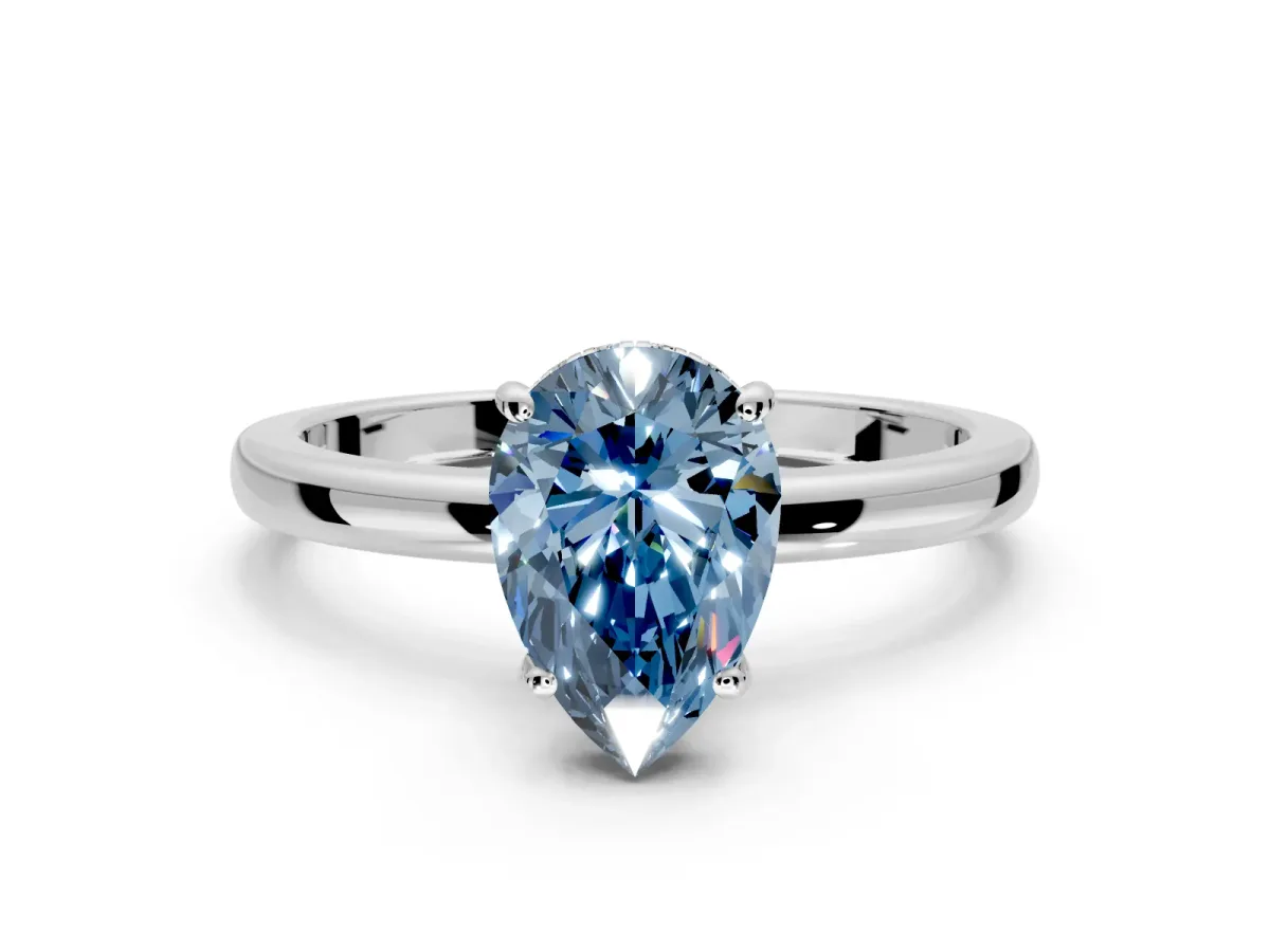 Solitaire Engagement Ring Setting for Fancy Blue Pear-Shaped Center with Fine Wire Band and Prong Head in Sterling Silver