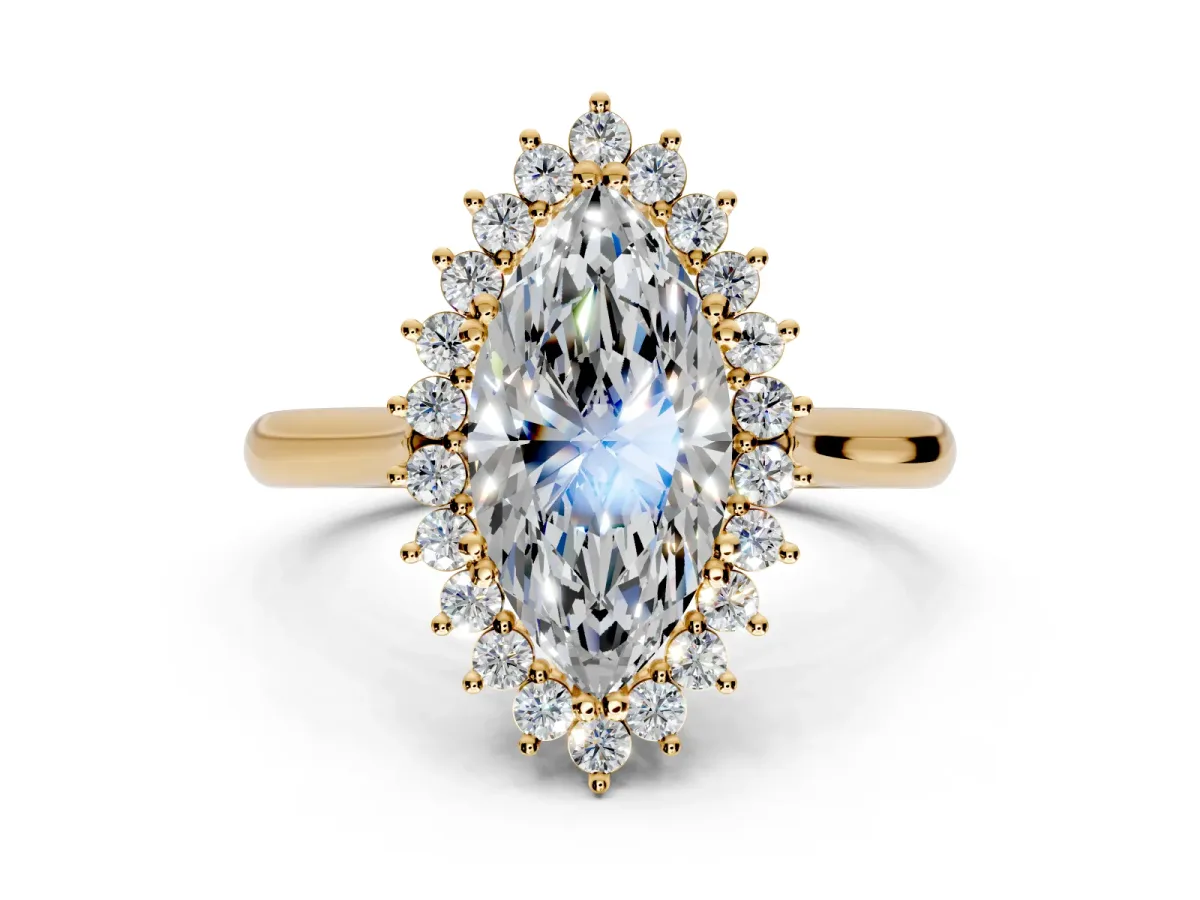Starburst Halo Engagement Ring Setting for Marquise Center with Thin Round-Wire Band and Prong Head in Yellow Gold
