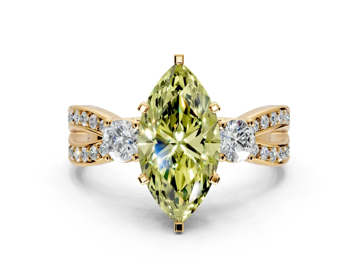 3 Stone Engagement Ring Setting for Fancy Yellow Marquise Center with Pave Twist Band and Prong Head in Yellow Gold