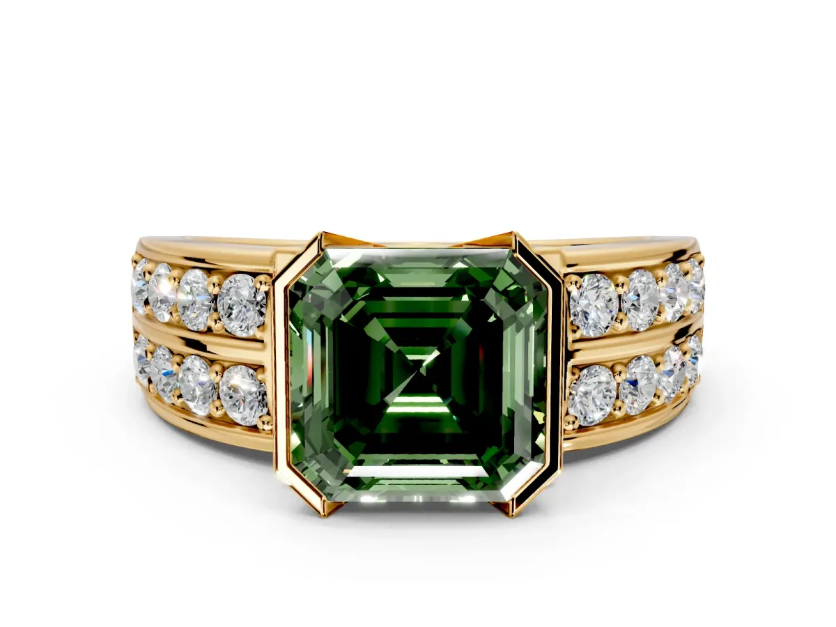 Bezel Engagement Ring Setting for Fancy Green Asscher Cut Center with Wide Channel-Set Band and Bezel Head in Yellow Gold