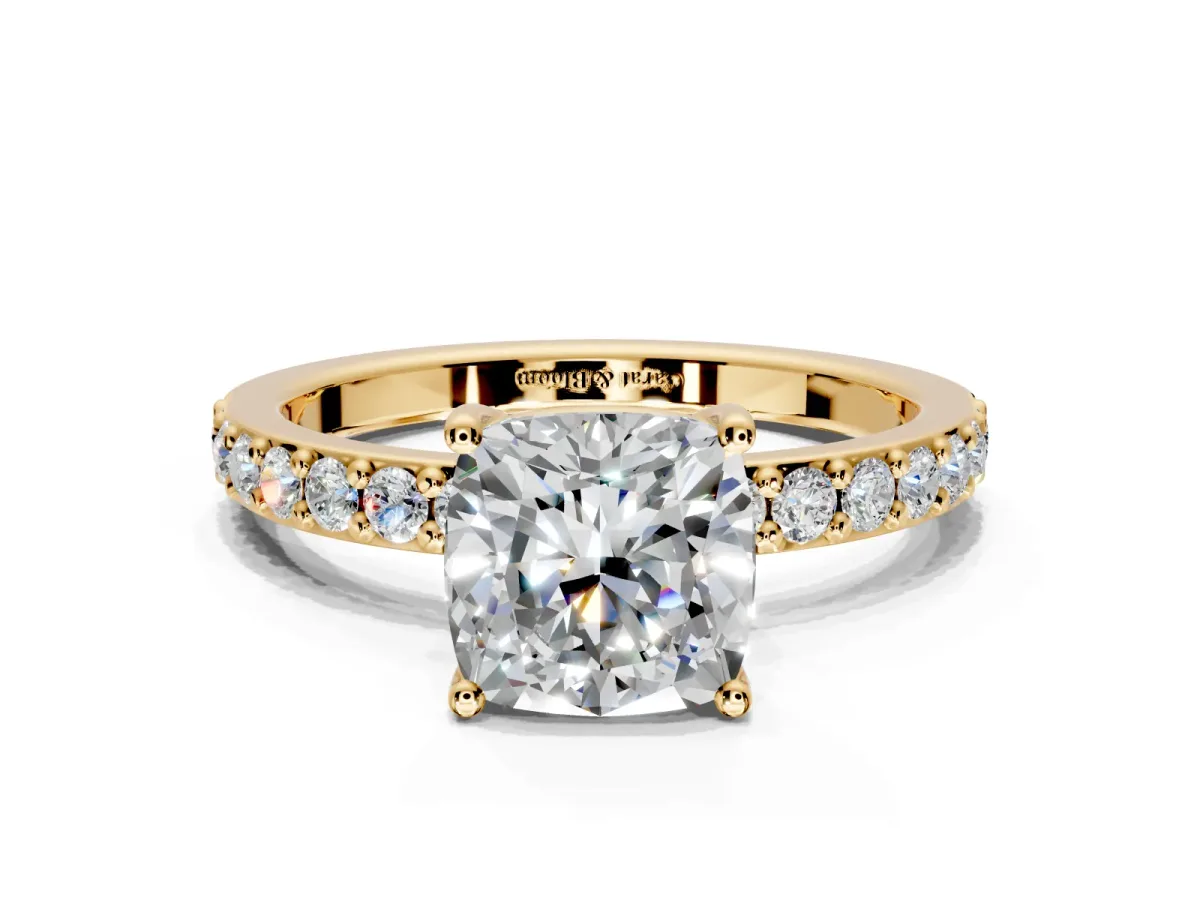 Solitaire Engagement Ring Setting for Cushion Cut Center with Round Cut Pave Band and Prong Head in Yellow Gold