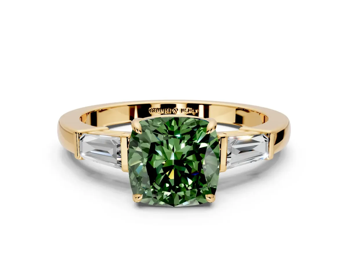 3 Stone Engagement Ring Setting for Fancy Green Cushion Cut Center with Baguette Accents and Prong Head in Yellow Gold