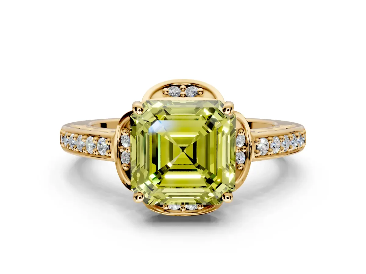 Floral Engagement Ring Setting for Fancy Yellow Asscher Cut Center with Four Accent Clusters and Prong Head in Yellow Gold